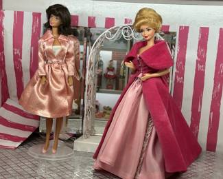 Barbie in 1963 Sophisticated Lady Ensemble #5313 +
Midge in Pak 1963 Pink Satin Glitter Dot Dress Coat
