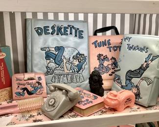Vintage Preteen Girl's Room: Vinyl Ponytail Items-
Tune Totes Record Case, Deskette Stationary My Treasures Hiding Box, Diary
Phone, Piggy Bank, Pink Brush & Comb