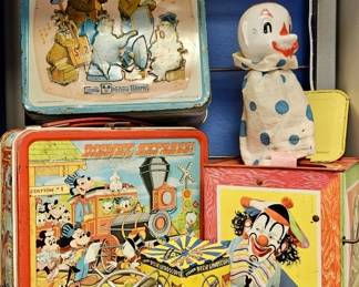 4- 1955 Steven Pixie Gyroscope Spinning Top, 1950's- Mattel Jolly Tune Clown Jack-in-Box Musical Toy
1979 Disney Express Metal Lunchbox
1970's Aladdin Country Bear Jamboree Metal Lunchbox
