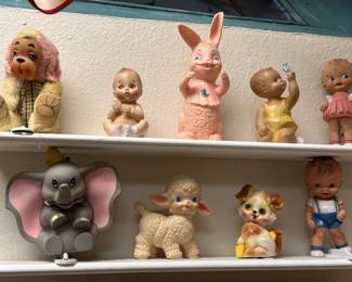 1955 Rubber Squeaky Lamb, Squeaky Rabbit Toy, +
Rubber Kewpie Doll, Plastic Dumbo, & More, as pictured