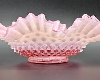 Vintage Fenton Pink Hobnail Glass Ruffled Bowl