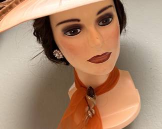 1950's Pink Wide Brim Hat w/ Scarf & Brooch 