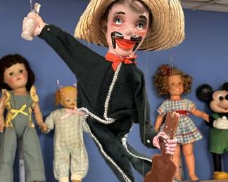 Vtg. Mexican Marionette Puppet w/ Guitar & Bottle