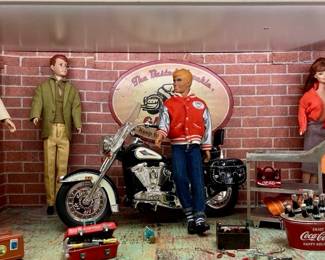 Ken & Barbie w/ Friends, Motorcycle, Coca-Cola &
Garage / Shop Accessories as pictures
3 Dolls are dated 1963, 1966, & 1968