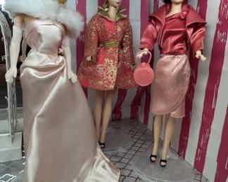 3-Vtg. Barbies in: 1960's Enchanted Evening Gown +
1970 Special Sparkle Pink & Gold Coat #1468 Ensemble 
+ Vintage Mid Century Ensemble w/ Pink Suit, Pillbox Hat, & Round Purse