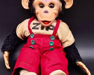 Vintage Plush Zippy Monkey in Red Overalls 