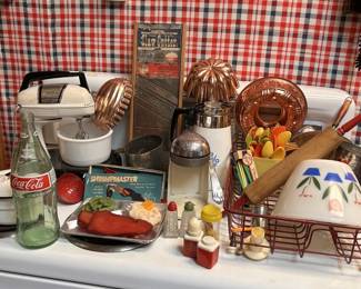 Original Swanson TV Dinner tray w/ Faux Food - +
Fire King Milk Glass Bowl, Copper Jello Molds, Slaw Grater, Dormeyer Mixwell Stand Mixer, Salt & Pepper Shakers, Milk Glass Mixing Bowl, Corning Ware Blue Cornflower Carafe, and more (as pictured)