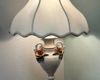 Vtg. Capodimonte 3D Rose Porcelain Lamp w/
Victorian Bell Shade 
Lamp was made in Italy
About 28.5in height