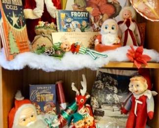 Mid Century Christmas Display,Including Plastic Face Santas and Elves