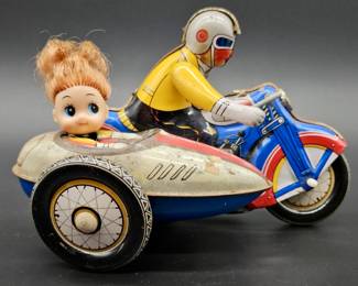 Vtg. Tin Litho Wind-up Motorcycle Toy w/ Sidecar
