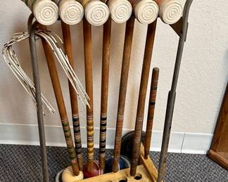 Vintage Croquet Set in Rolling Metal Stand