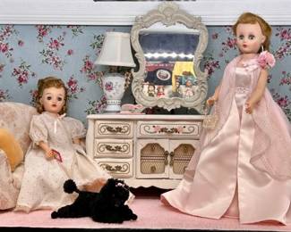 2-Vtg. Vogue Fashion Dolls, 1 in Madame Alexander
Outfit that is a replica of one that Ms. Alexander wore to a benefit honoring her.
French Provincial Bedroom Scene
