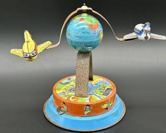 Vintage Tin Litho Wind-Up Toy Airplane & Globe