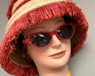 1950's Fringed Straw Hat, Sunglasses, Scarf 