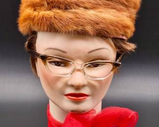 1950's Mink Pillbox Hat, Glasses, & Red Scarf ONLY