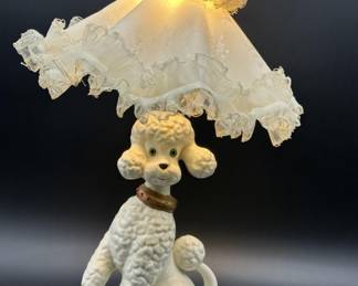 Vintage Holland Mold Ceramic Poodle Lamp with Lace Shade