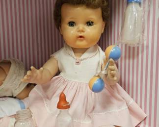 1950' American Rock A Bye Tiny Tears 16in, Playmates Crawl Away Baby & Glass Baby Bottles, Rattle, etc.