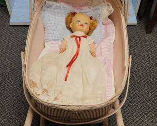Vtg. Pink Wicker Bassinet w/ Bonnie Braids Doll