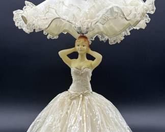 Vtg. Plastic Doll Boudoir Lamp in White Lace w/ Lace Shade