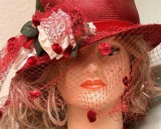 1950's Red Veiled Straw Hat w/ Flower & Scarf 