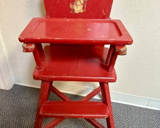 Mid Century Red Wooden Doll High Chair w/ Dog