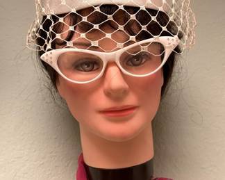 1950's Veiled Pillbox Hat w/ Glasses & Scarf 