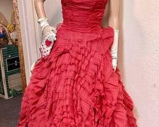 Mid Century Formal Couture Full Zippered Red Dress
