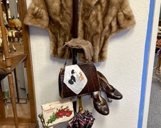 Mid Century Mink Fur Stole, Valet Stand w/ Gloves