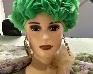 1950's Green Nylon Ruffled Turban & Earrings 