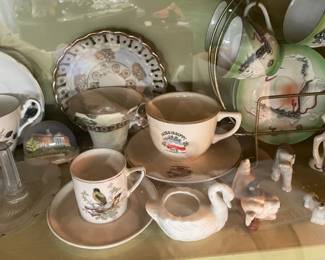 Display Cabinets W/ Vintage Travel Souvenirs, Books, Figurines, Etc.