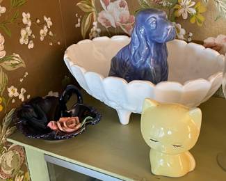 Large Milk Glass Footed Bowl W/ Cat Bank & Dog Planter