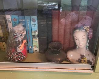 Display Cabinets W/ Vintage Travel Souvenirs, Books, Figurines, Etc.