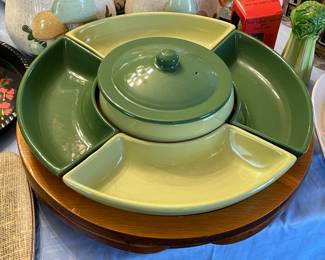 Vintage Green Lazy Susan W/ Wooden Spinning Tray