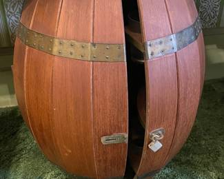 Vintage Barrel Bar Cabinet W/ Glassware