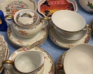 Gold Rim Handled Soup Bowls W/ Plates