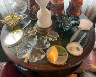 Large Round Rotating Table W/ Cubbies & Green Leather Top Surface