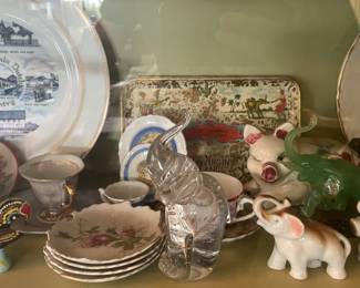 Display Cabinets W/ Vintage Travel Souvenirs, Books, Figurines, Etc.