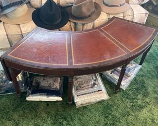 Wood Curved Accent Table W/ 2 Drop Leaves & Leather Top