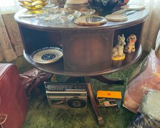 Large Round Rotating Table W/ Cubbies & Green Leather Top Surface