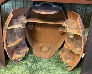 Vintage Barrel Bar Cabinet W/ Glassware
