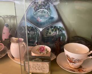 Display Cabinets W/ Vintage Travel Souvenirs, Books, Figurines, Etc.