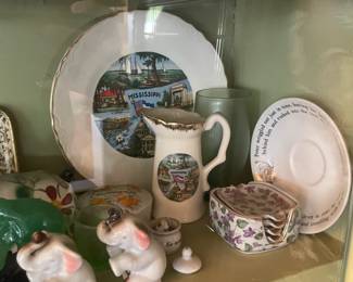 Display Cabinets W/ Vintage Travel Souvenirs, Books, Figurines, Etc.