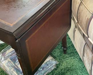 Wood Curved Accent Table W/ 2 Drop Leaves & Leather Top