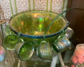 Green Carnival Glass Punch Bowl W/ Cups & Serving Spoon