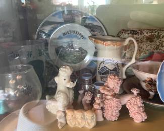 Display Cabinets W/ Vintage Travel Souvenirs, Books, Figurines, Etc.