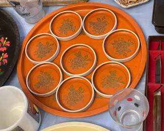 Vintage Orange Floral Tin Tray & Coaster Set