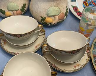 Gold Rim Handled Soup Bowls W/ Plates