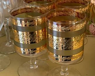 Vintage Green & Gold Culver Footed Glasses