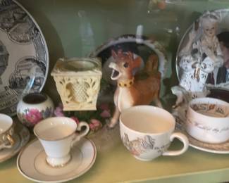 Display Cabinets W/ Vintage Travel Souvenirs, Books, Figurines, Etc.