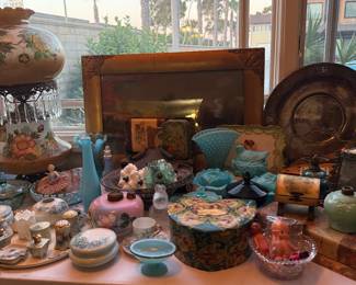 Vict H/P Hurricane lamp/ lots of H?P china & cell boxes
